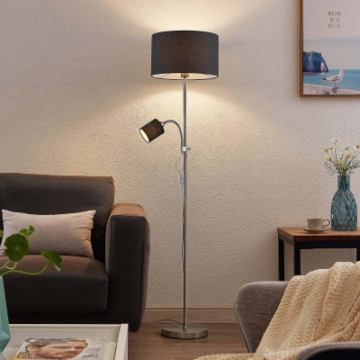 Lindby Stojací lampa Lindby Melanie, šedá, textil, E27+E14, světlo na čtení