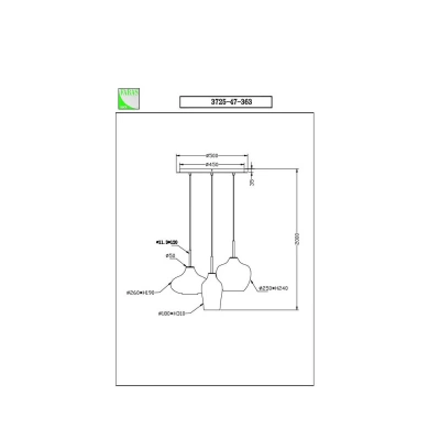 Fabas Luce Závěsná lampa Olbia, Ø 50 cm, 3 světla, jantarová/modrá/béžová, sklo